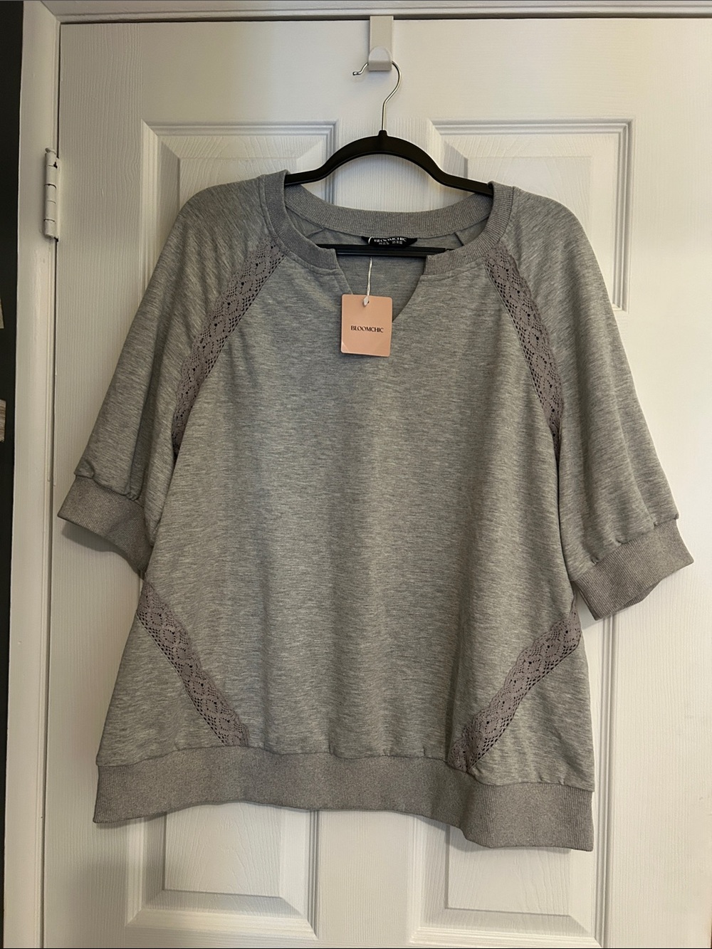 BloomChic Light Gray Short-Sleeve Lace-Trim Sweatshirt